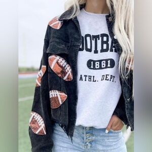 Women's Black Corduroy Cropped Football Sequin Patch Jean Jacket Women’s M
